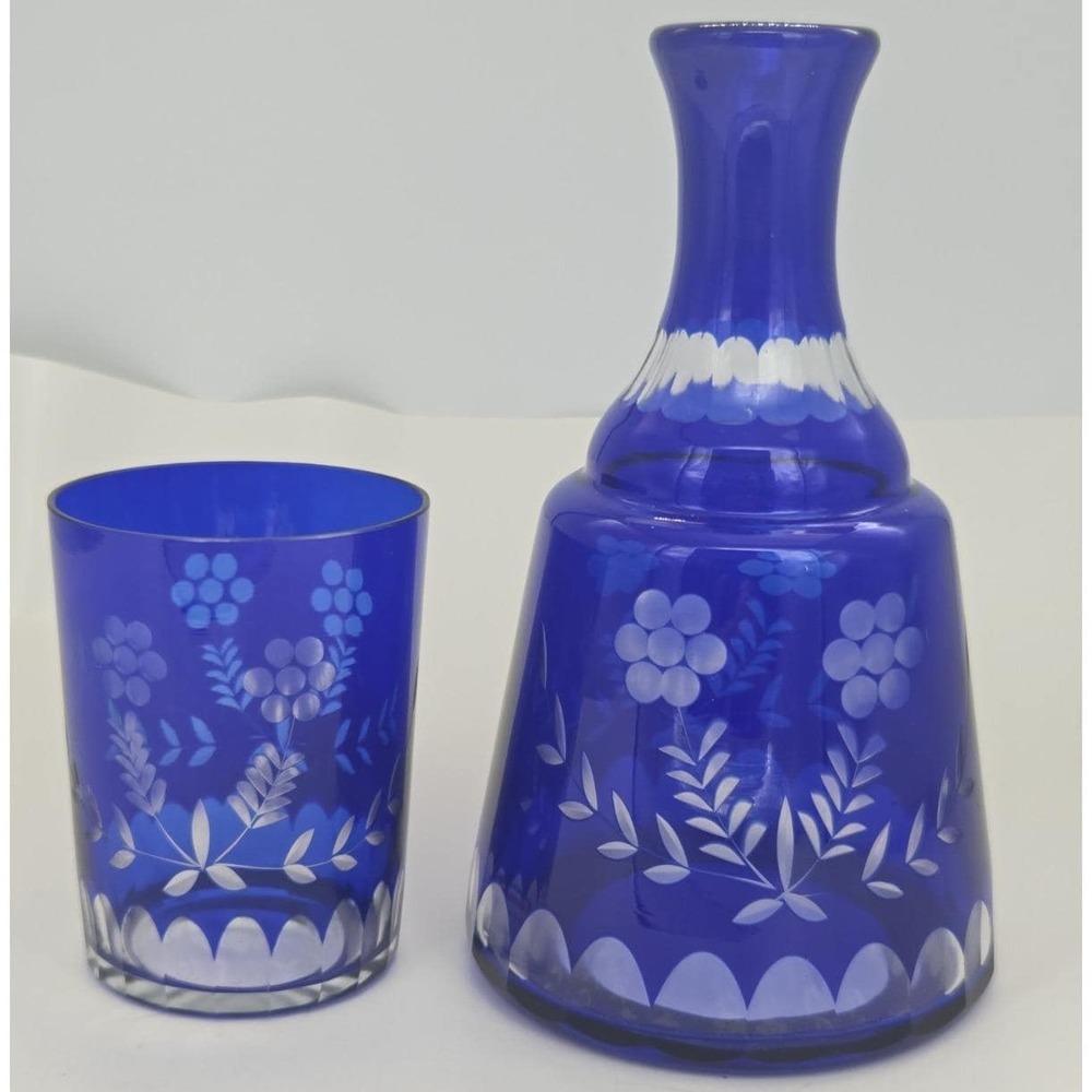 Bohemian Cobalt Blue Cut 2 Clear Glass Tumble Up Bedside Decanter+ Tumbler Czech